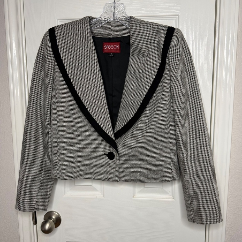 Sasson‎ VTG Cropped Contrast Trim Blazer Jacket Black White Tuxedo Chic 6 - Picture 10 of 13